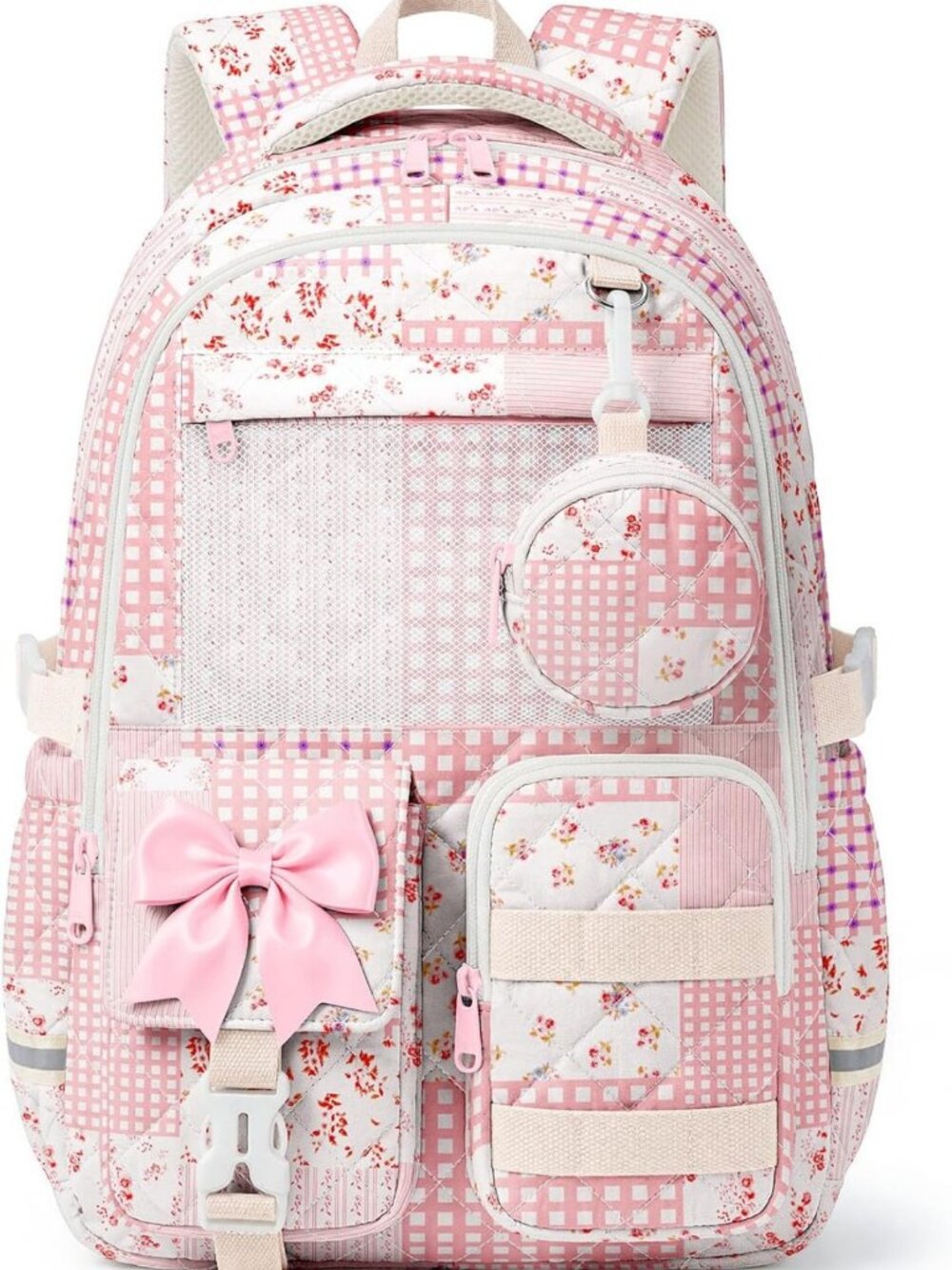 Cute Floral Quilted Backpack for Girls | Kawaii School Bookbag with Mesh Pocket